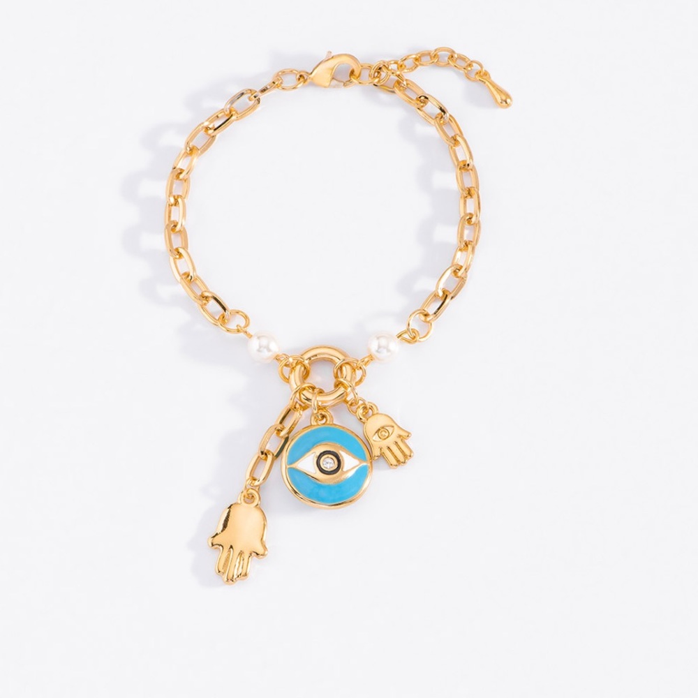 18 karat plated bracelet with evil eye and Fatima hand